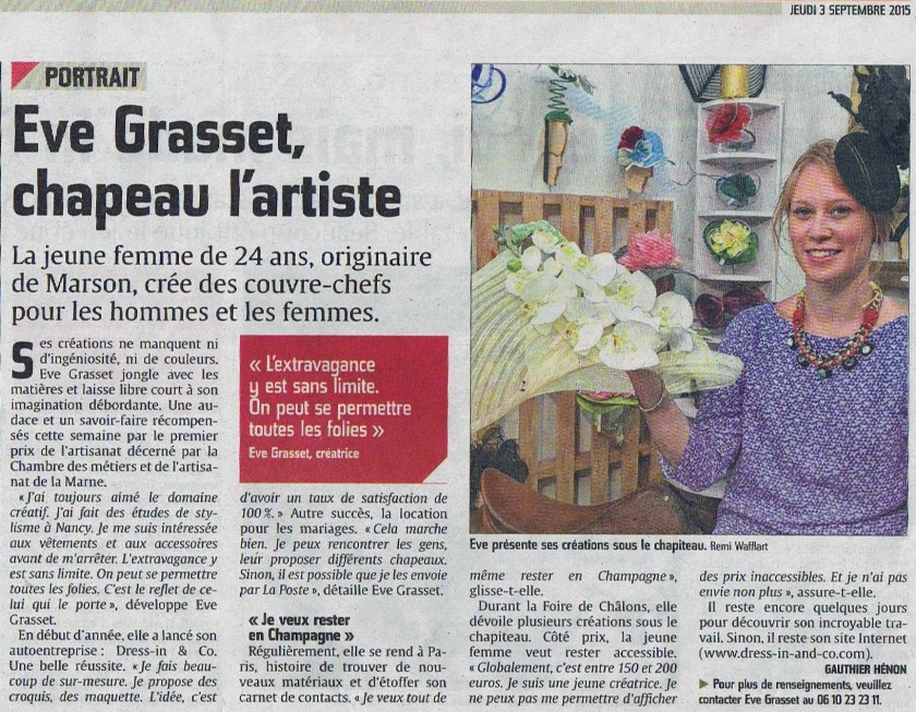 Portrait d'Eve Grasset paru dans l'Union du 3 septembre 2015